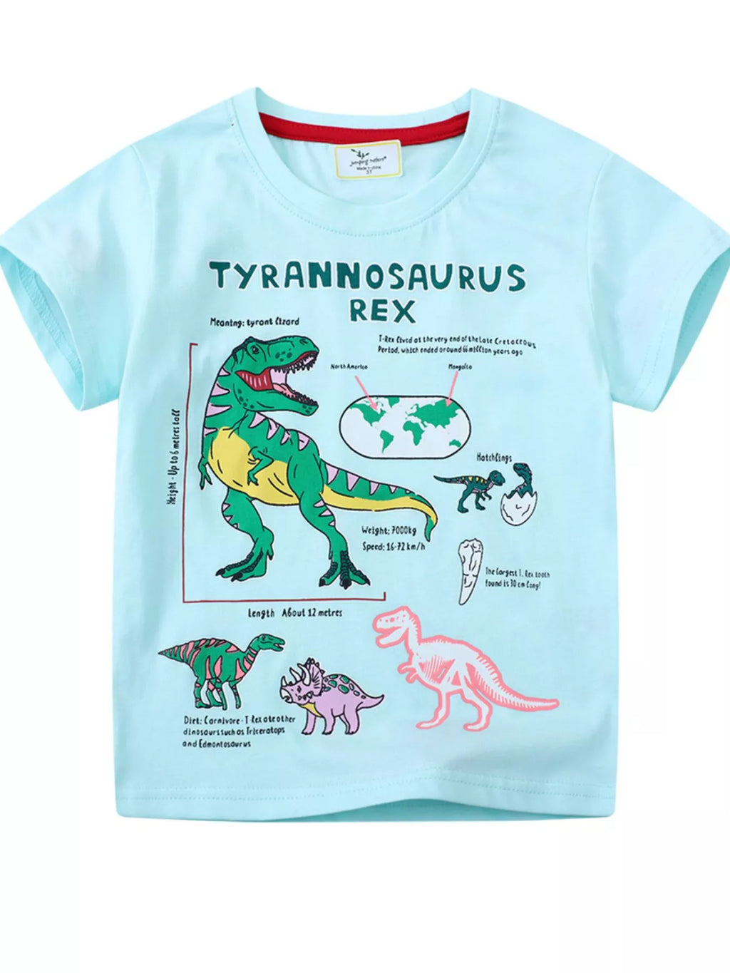 Kids Dinosaur T-Shirt – Soft Cotton Graphic Tee for Boys & Girls (Aqua)