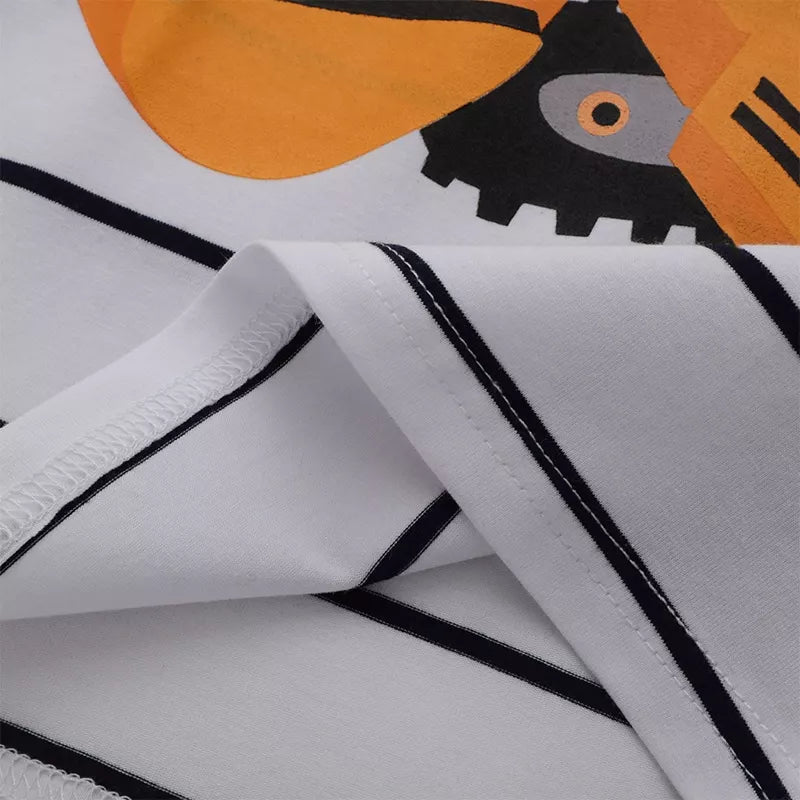 Kids Construction Excavator T-Shirt | Soft Cotton Striped Tee for Boys & Girls