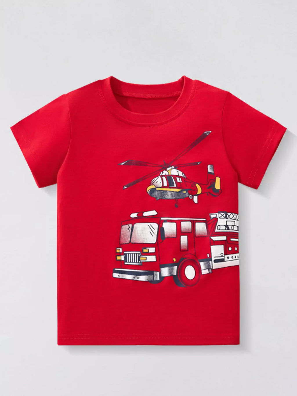 Kids Fire Truck & Helicopter T-Shirt | Soft Cotton Short Sleeve Graphic Tee for Boys & Girls