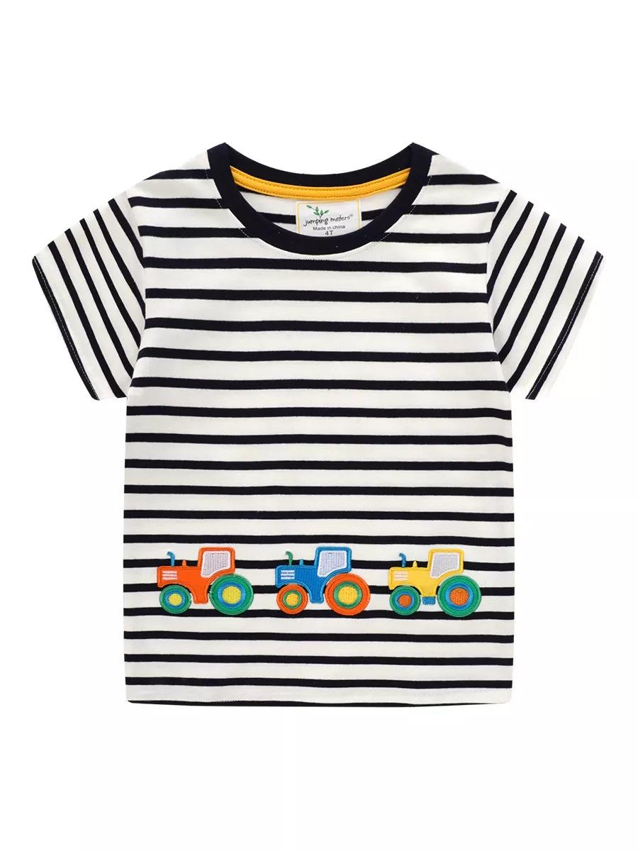 Kids Embroidered Striped T-Shirt – Soft Cotton Round Neck Tee for Boys & Girls (Black)
