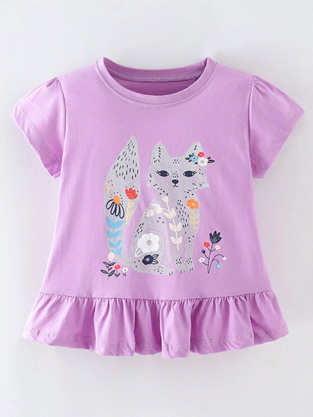 Girls Fox Graphic Ruffle Tee - Adorable Short Sleeve T-Shirt with Playful Hem Detail