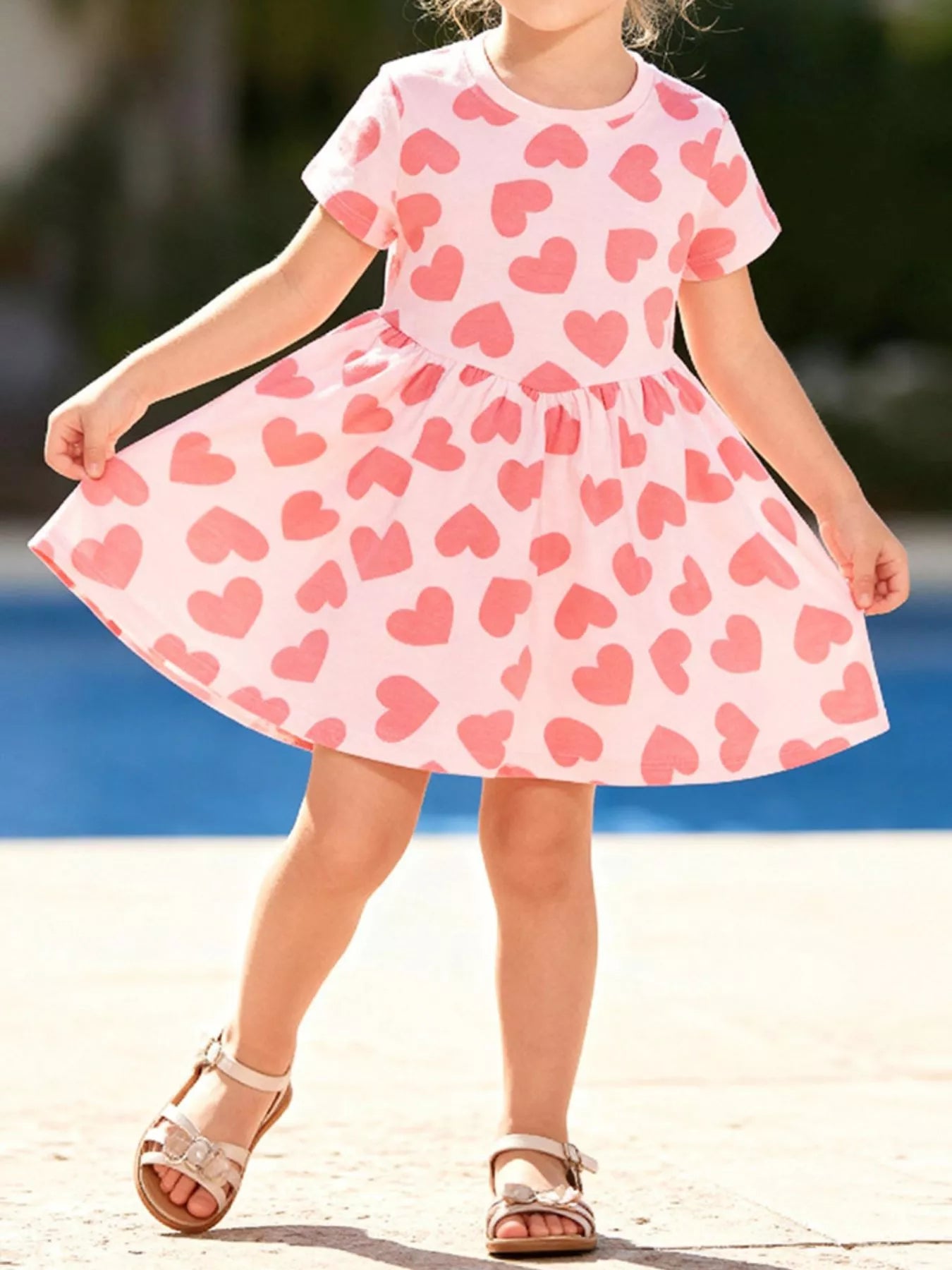 Girls Heart Print Dress - Casual Short Sleeve Summer Dress for Kids