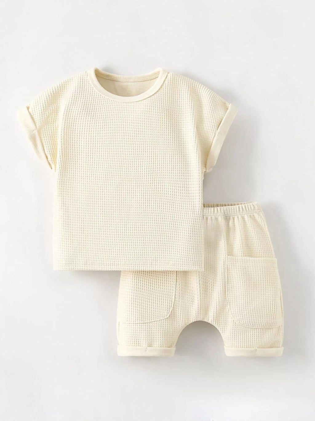 Kids Waffle Knit Pajama Set – Soft Cotton Tee & Shorts with Pockets