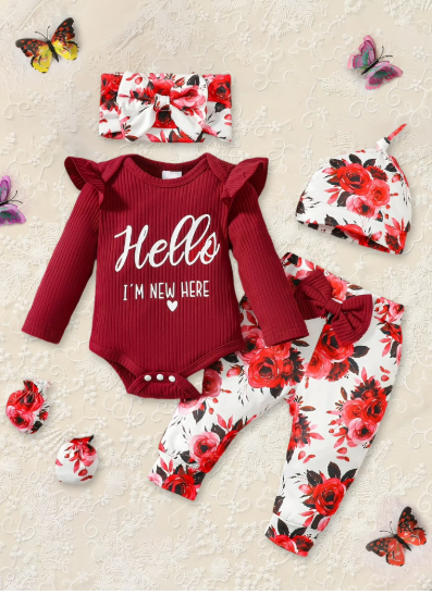 Newborn Baby Girl Coming Home Outfit | Hello I'm New Here Romper, Floral Pants, Hat & Headband Set