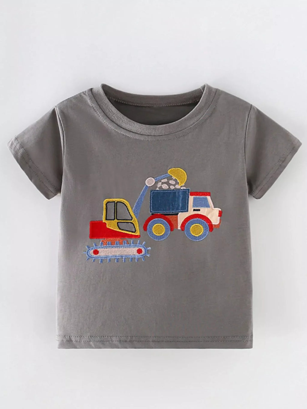 Kids Construction Truck Embroidered T-Shirt – Soft Cotton Tee for Boys & Girls (Gray)