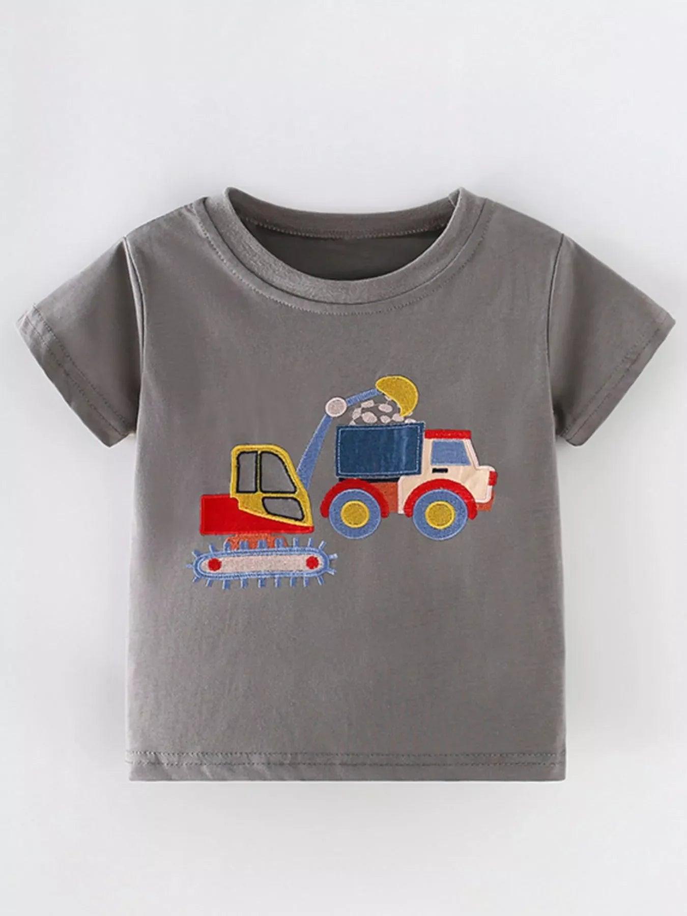 Kids Construction Truck Embroidered T-Shirt – Soft Cotton Tee for Boys & Girls (Gray)